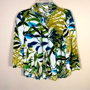 Chico’s 100% Linen Tropical Leaf Print Full Zipper Jacket